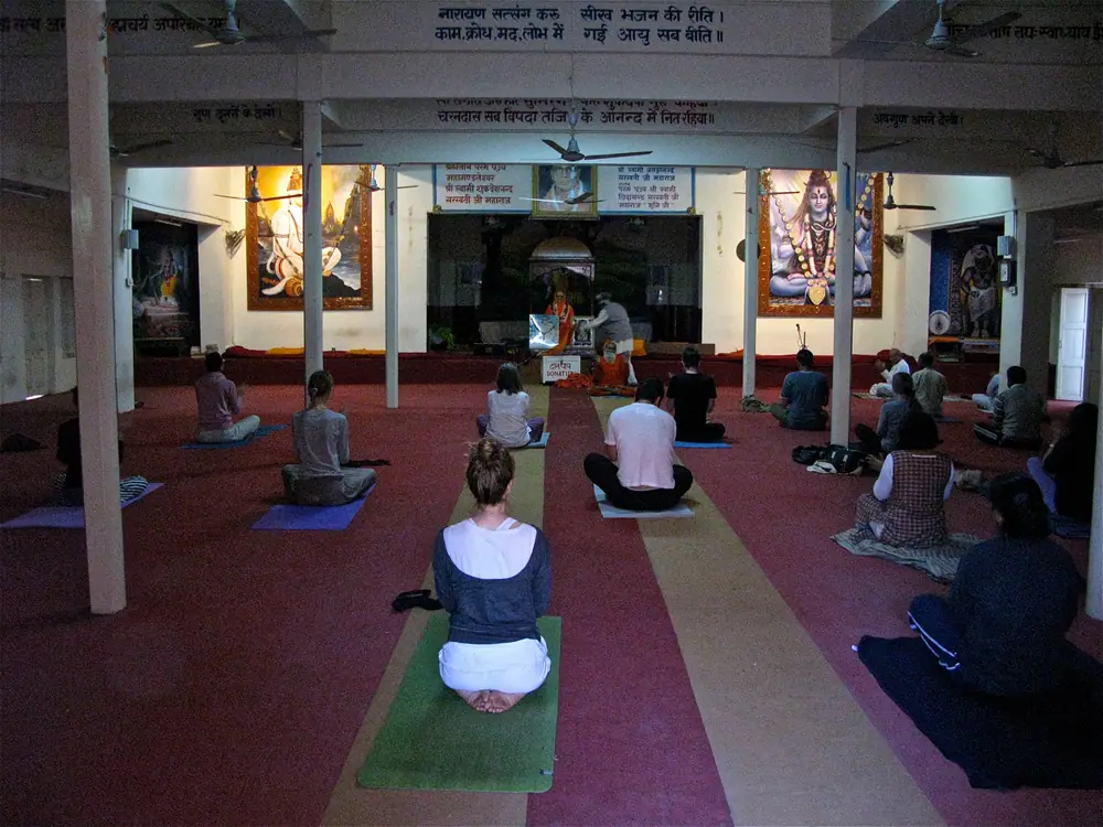 A morning yoga class at an ashram in Rishikesh